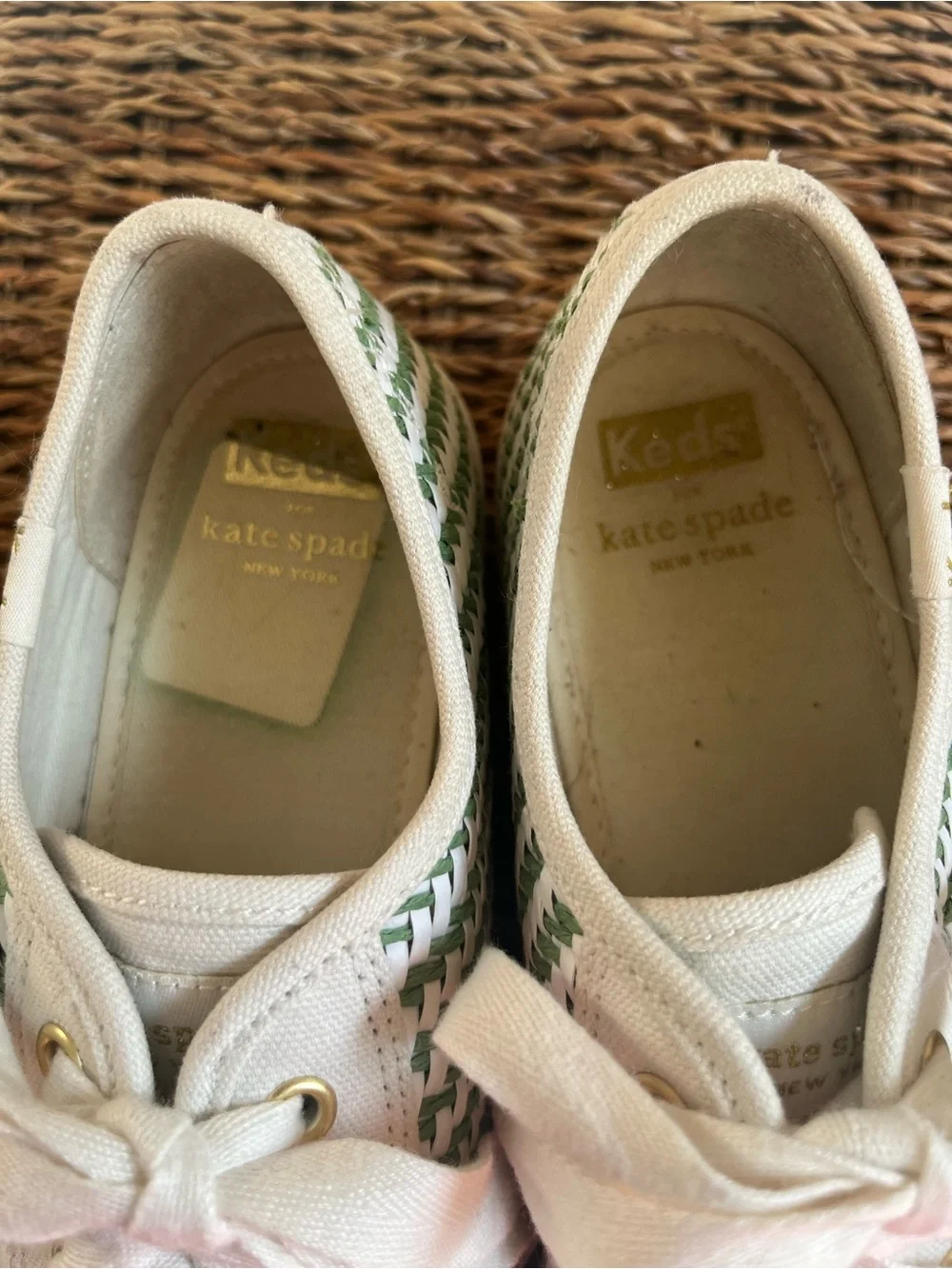 kate spade x Keds White and Green Woven Platform Sneakers